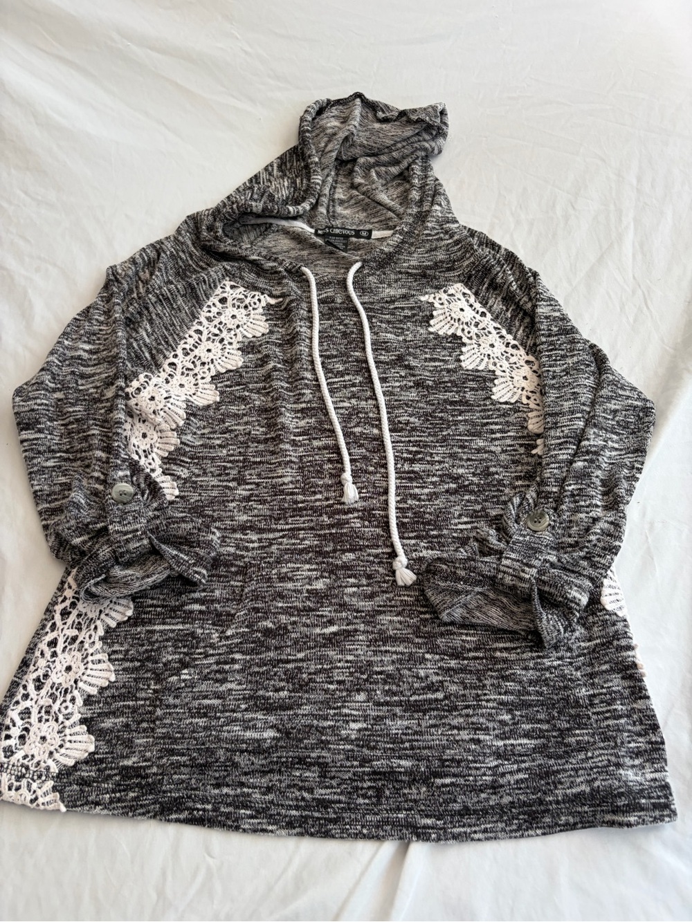 Miss Chievous Gray Marled Hoodie with White Lace Trim Size M